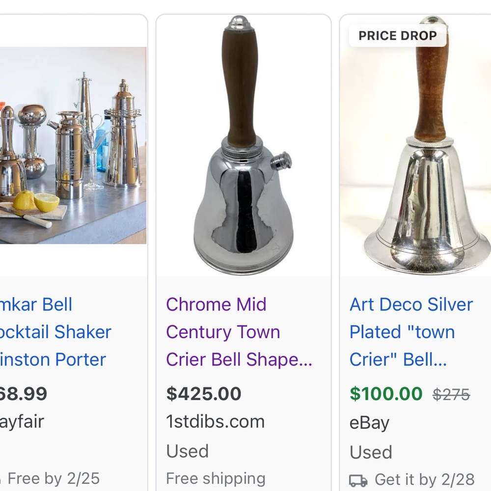 MCM chrome mid century town crier bell shaped cocktail shaker
